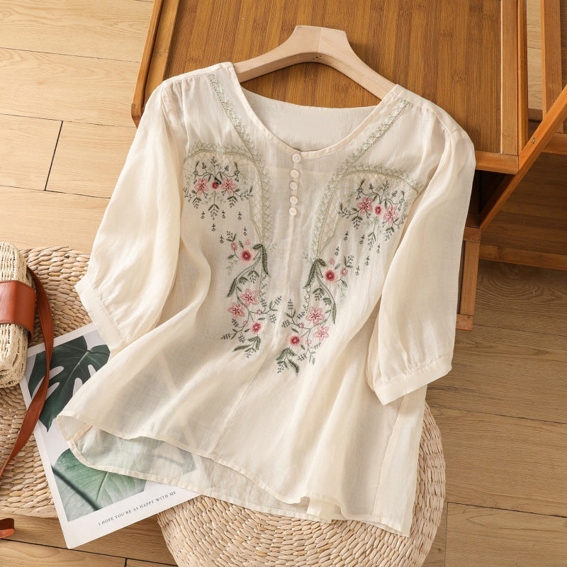 KROHN-E Damen Bluse Blumenstickerei Entspannte Passform Leicht
