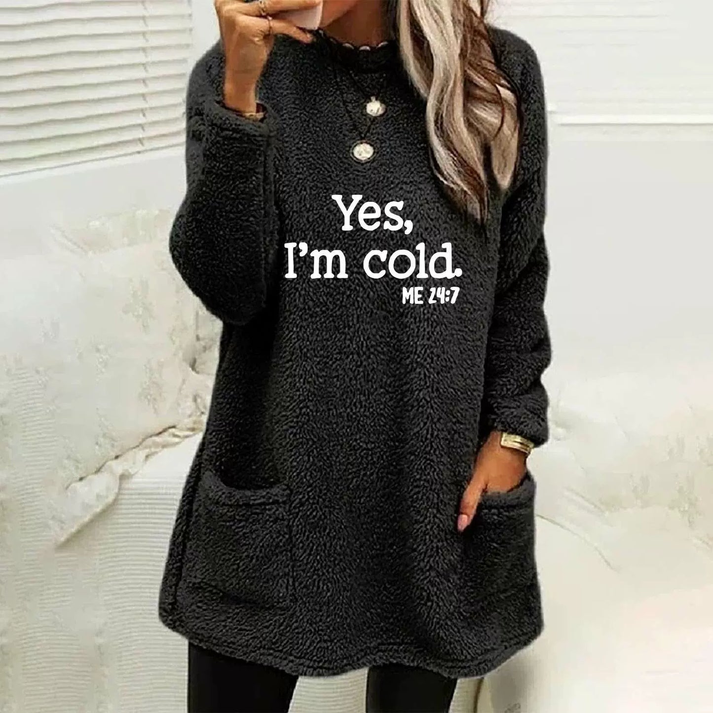 Krohn-e | Übergröße Sweatshirt Doppelseitiges Fleece Buchstabenprint Seitentaschen Langarm