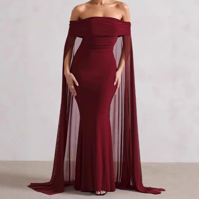Damen Elegantes Off-Shoulder Abendkleid mit fließendem Transparenz-Cape und figurumspielendem Schnitt Krohn-e