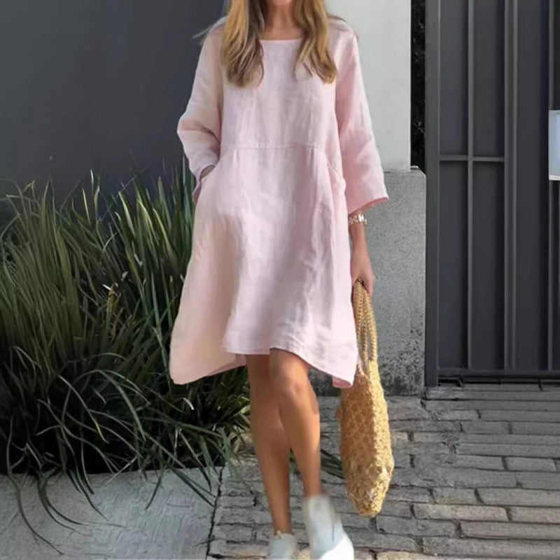 Einfarbiges, lockeres Baumwoll-Leinenkleid von Fudus