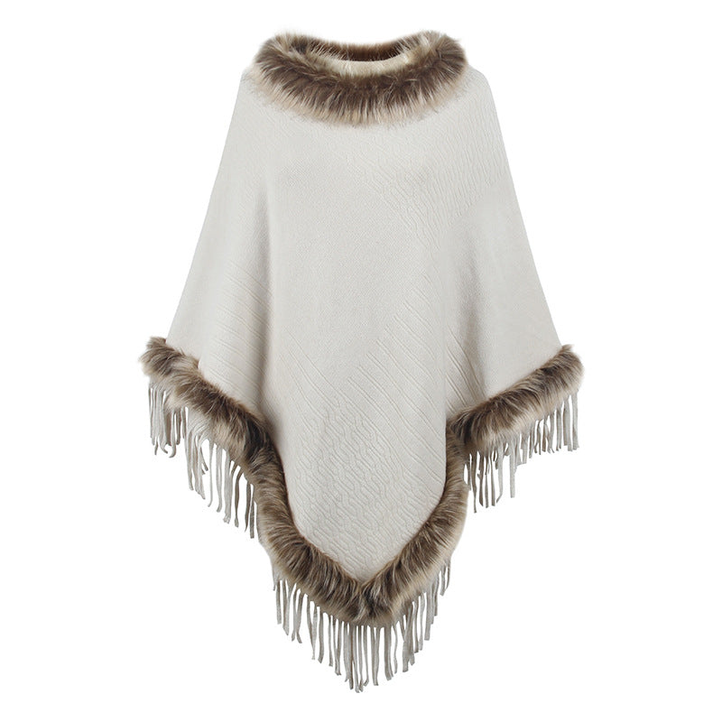 Damen eleganter Poncho mit luxuriösem Kunstfellkragen und dekadenten Fransen Krohn-e