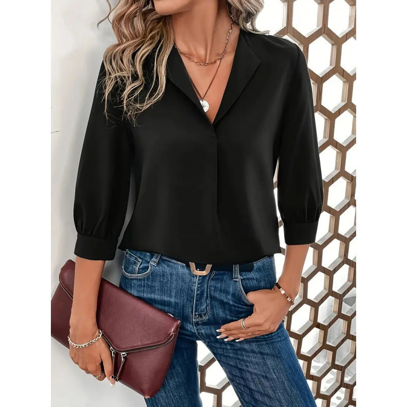 Damen Elegante Viskosebluse mit 3/4-Ärmeln und V-Ausschnitt Krohn-e