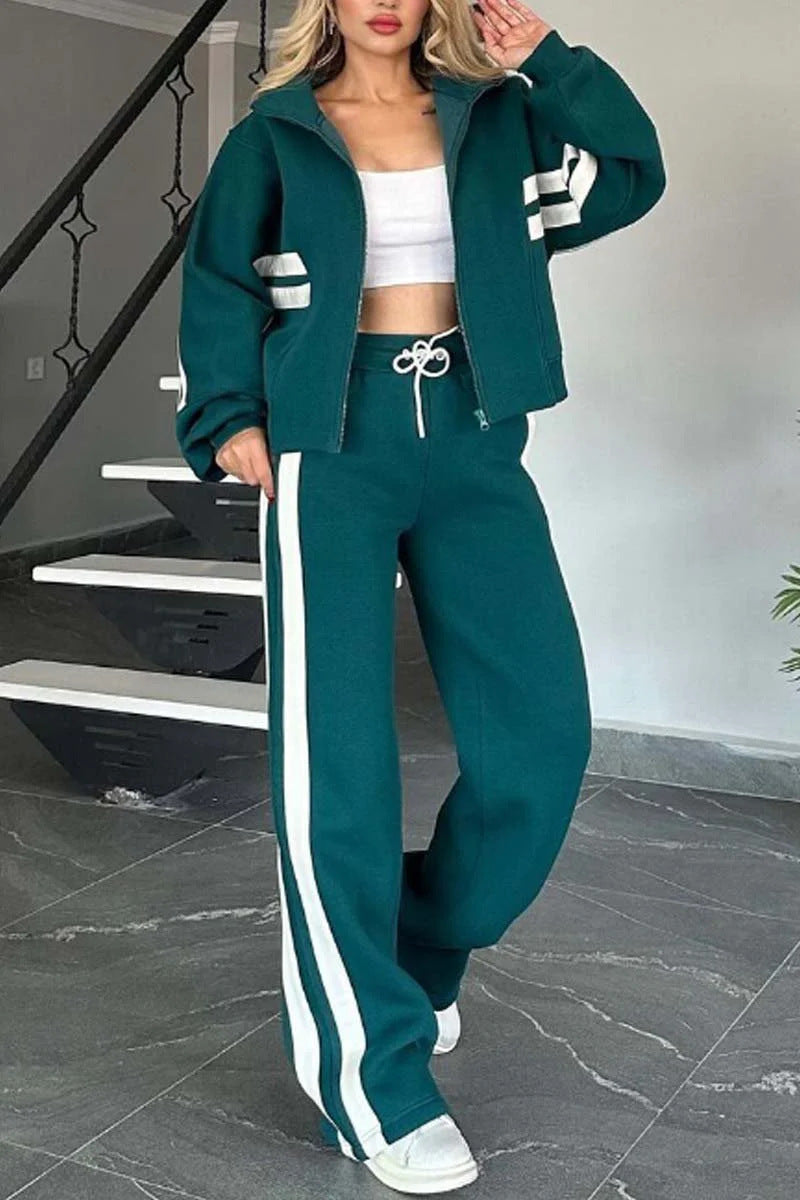 Krohn-e | Gestreifte Zip up Cropped Sweatshirtjacke und Sporthose Zwei Teile Satz