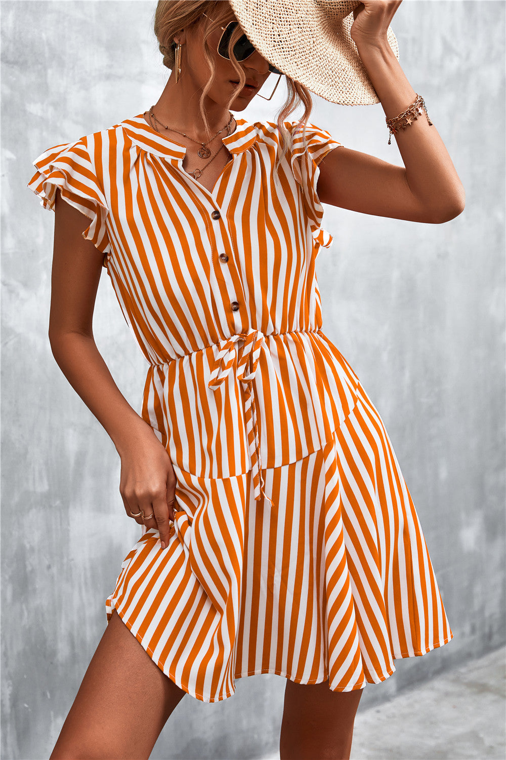 Damen Kurzarm-Kleid im angesagten Streifenlook mit Taillenzug und eleganten Rüschendetails Krohn-e
