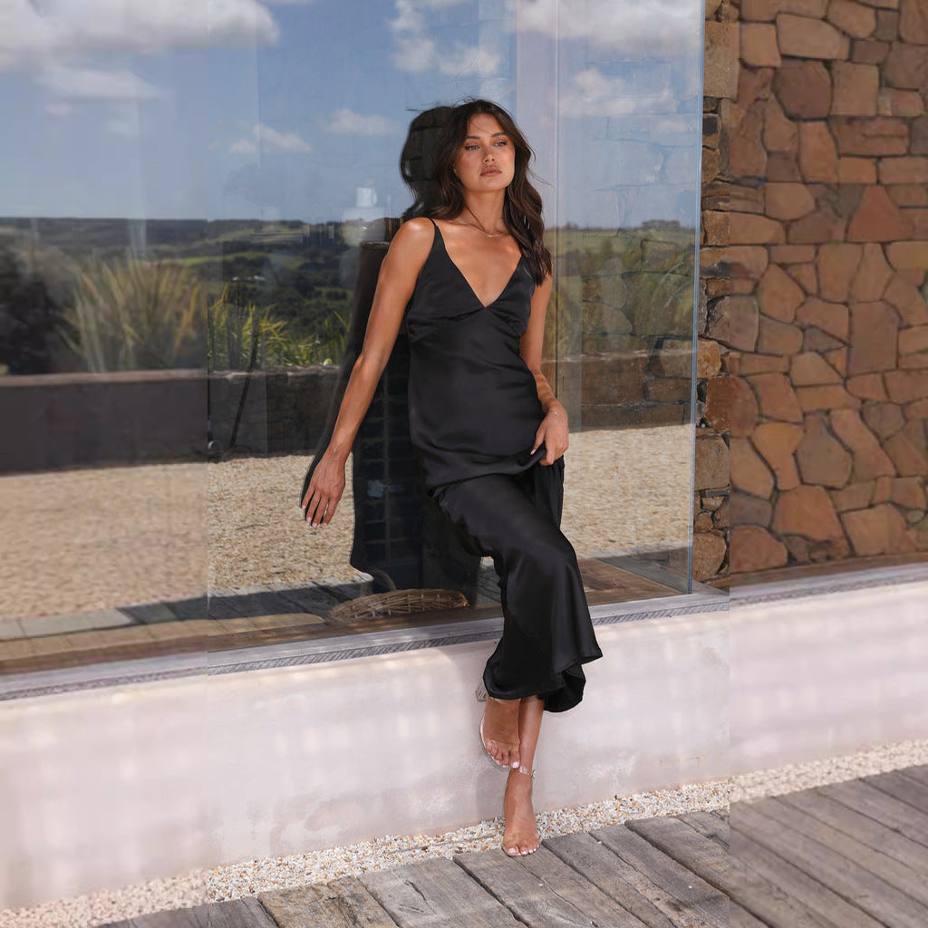 Damen Satin Maxikleid mit eleganter V-Form und fließendem Schnitt Krohn-e