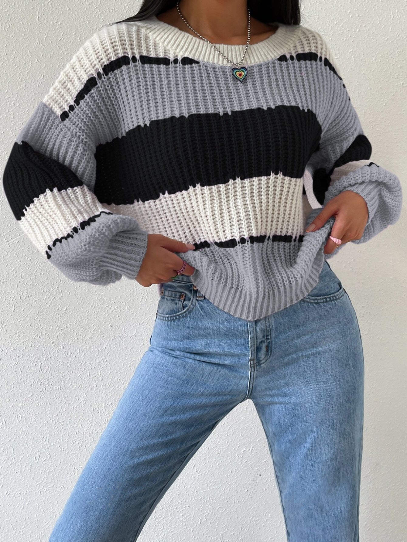 Krohn-e | Pullover Pullover Grobstrick Übergröße Fit Langarm Freizeit Crew Neck