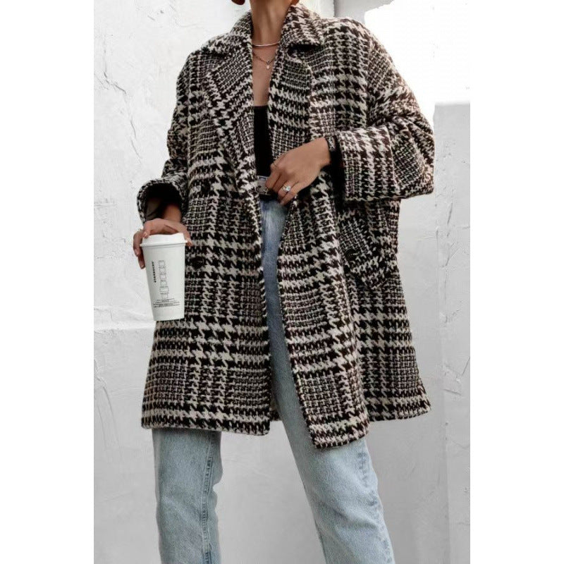 Damen Oversized Wollmantel mit Karomuster und hoher Kragenführung Krohn-e