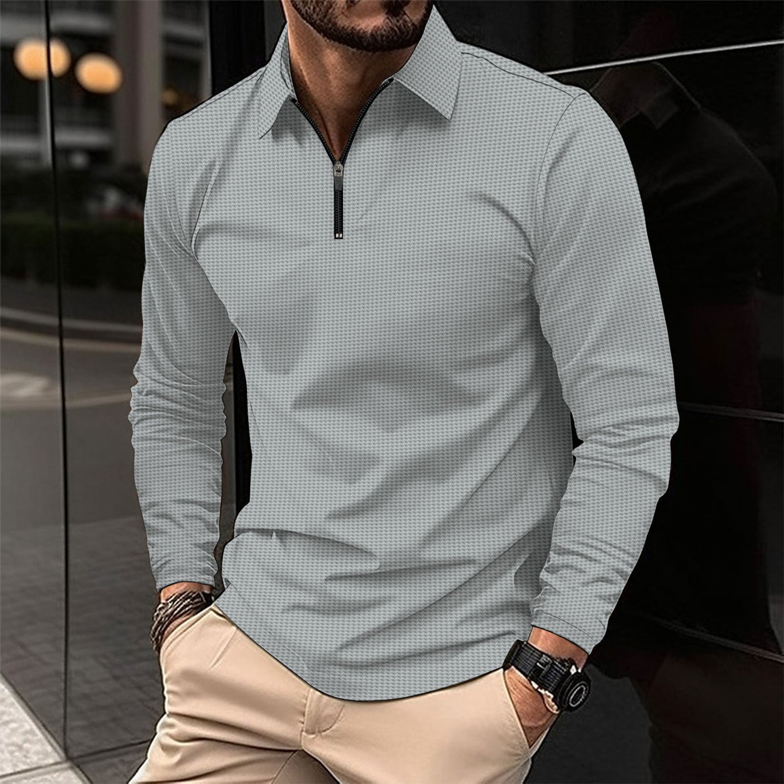 Herren Langarmshirt mit modernem Reißverschluss und strukturiertem Design Krohn-e
