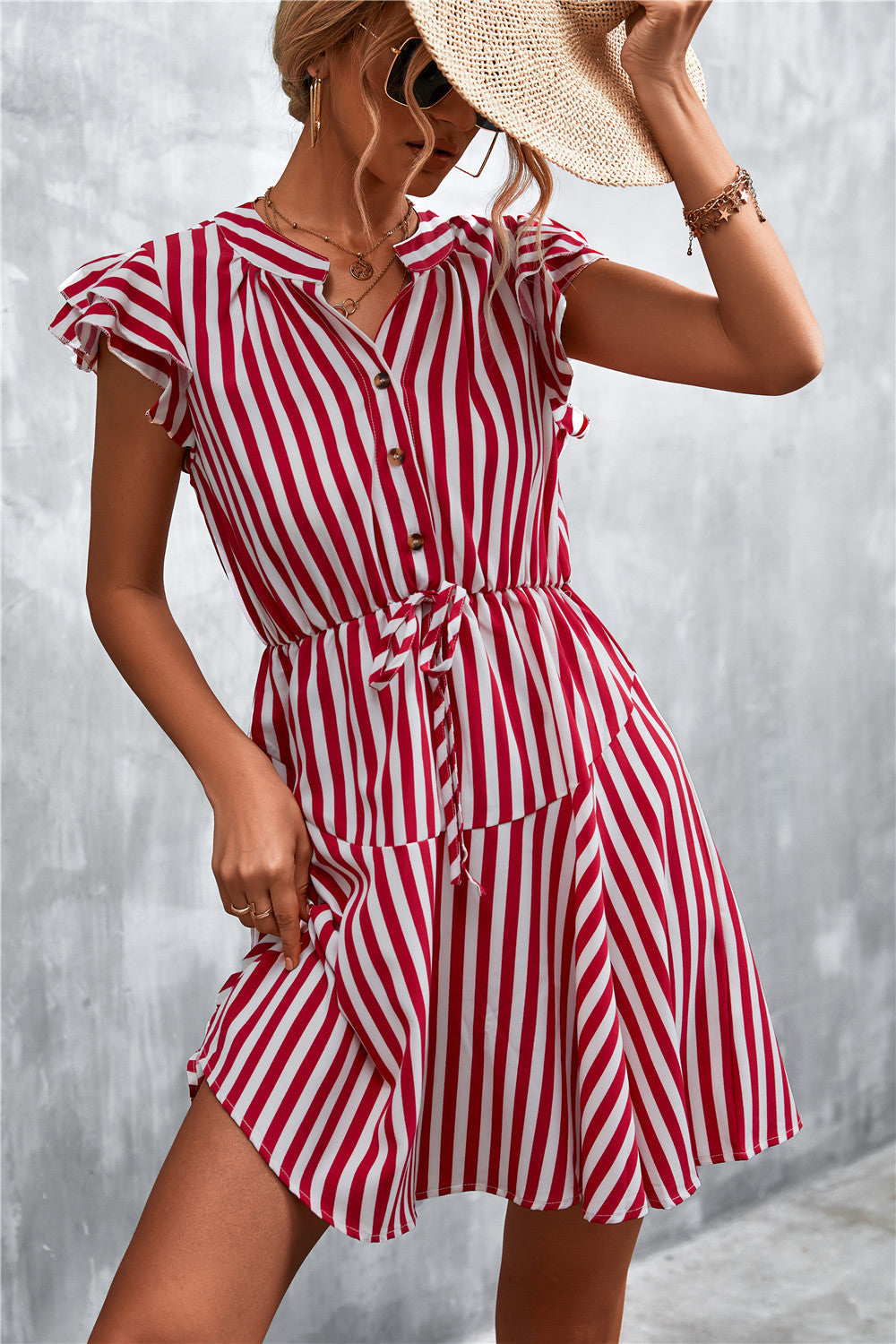 Damen Kurzarm-Kleid im angesagten Streifenlook mit Taillenzug und eleganten Rüschendetails Krohn-e