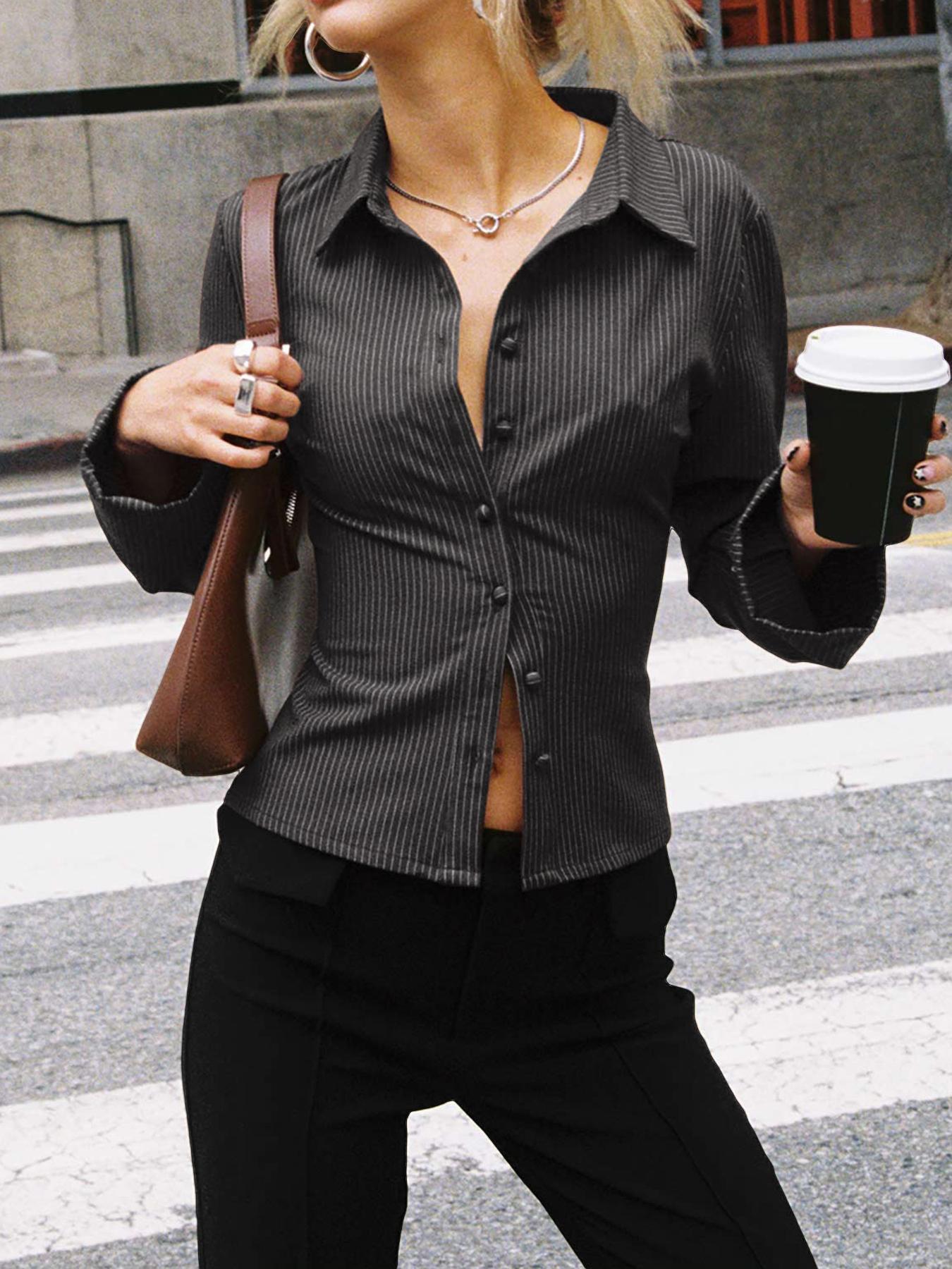 Damen taillierte Hemdbluse mit Klappkragen und feinen Streifen Krohn-e