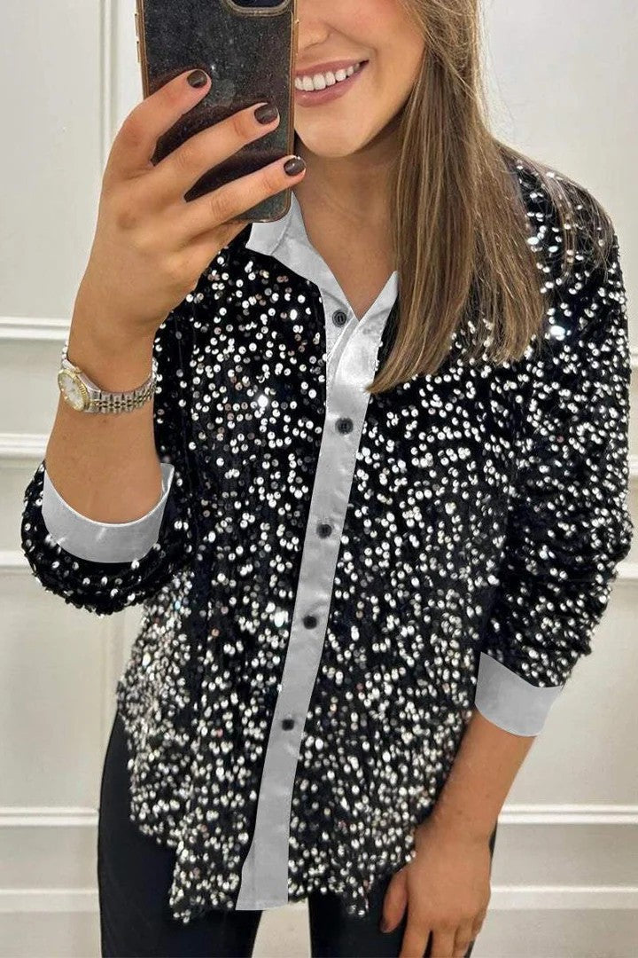 Damen Glitzernde Bluse aus Pailletten mit klassischem Kragen Krohn-e