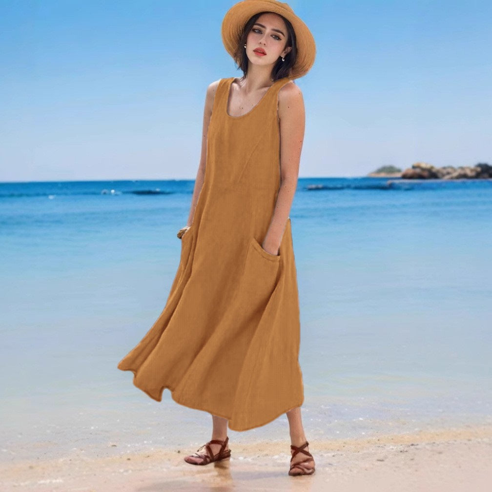 Sommerkleid aus Leinen, ärmellos, Rundhals, mit Tasche von Fudus