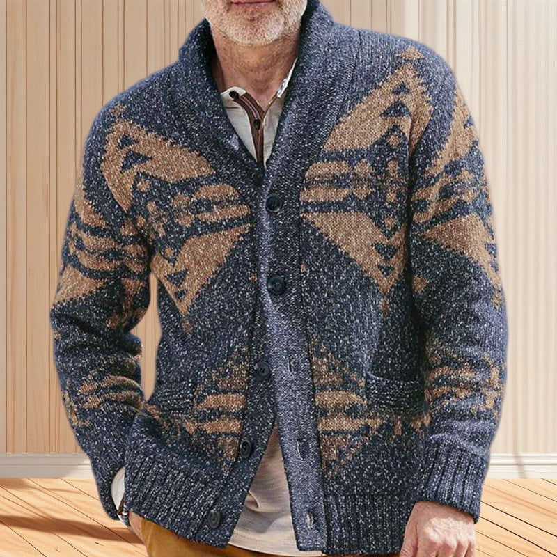 Herren Strickjacke mit einzigartigem geometrischen Muster und tiefem Kragen Krohn-e