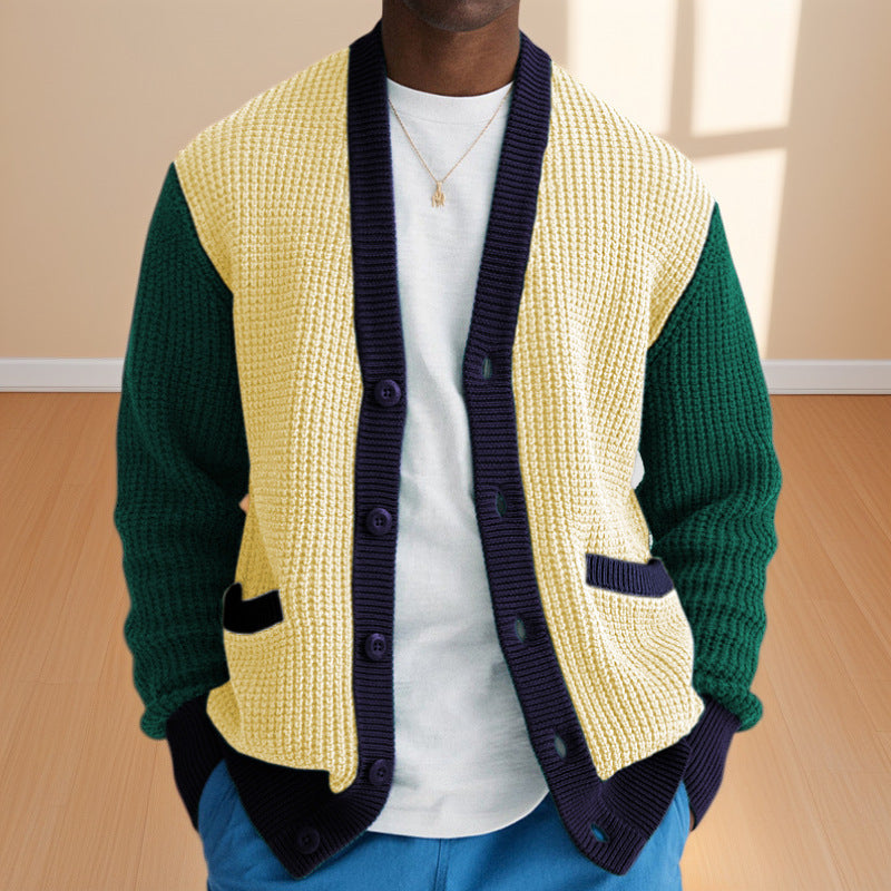 Herren Lässige Strickjacke im modernen Waffelmuster mit Kontrastärmeln und praktischen Taschen Krohn-e