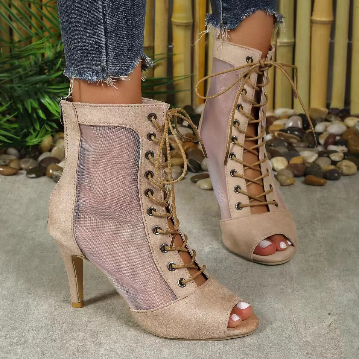 Damen Halboffene High Heel Stiefel mit transparentem Seiteneinsatz und Schnürung Krohn-e