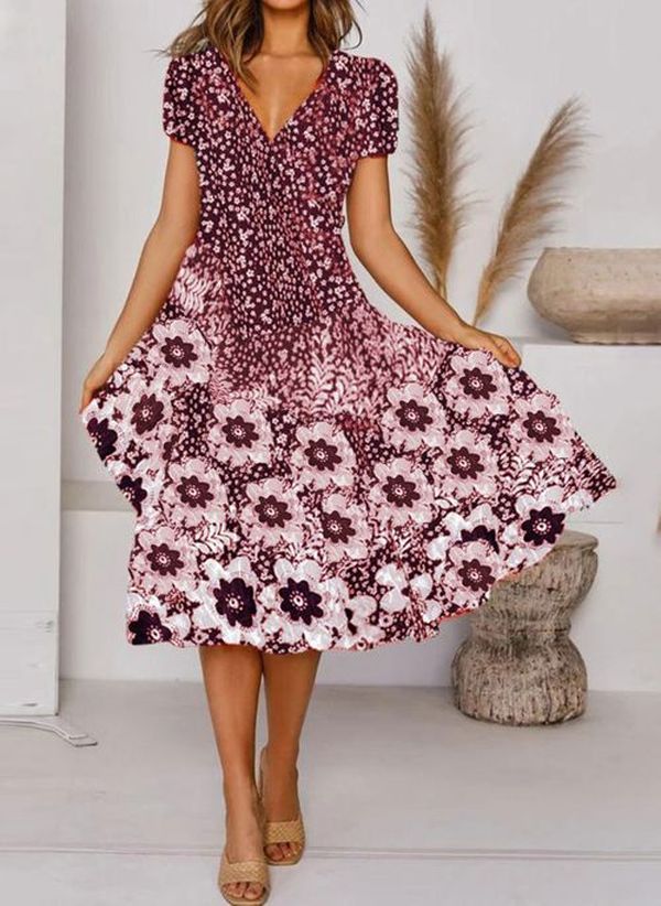 Fudus Mini Kleid mit Blumenmuster und V-Ausschnitt für den internationalen Versand