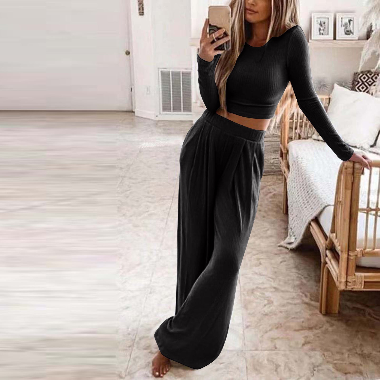 Damen Elegantes Lounge-Set mit langärmeligem Oberteil und weiten Hosen Krohn-e