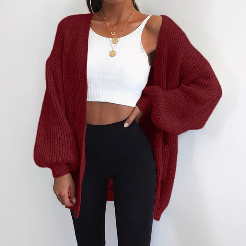 Damen Grobstrick-Cardigan mit weitem Schnitt und lässigen Puffärmeln Krohn-e