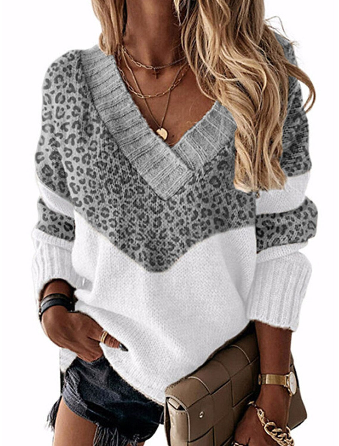 Damen modischer V-Ausschnitt Pullover mit Leopardenmuster Krohn-e