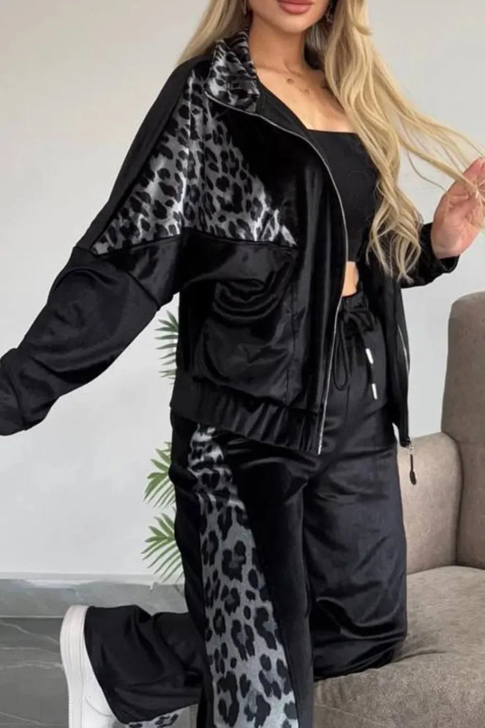 Krohn-e | Leopardenmuster Kontrast Langarmjacke und Weite Hosen Zweiteiler Satz