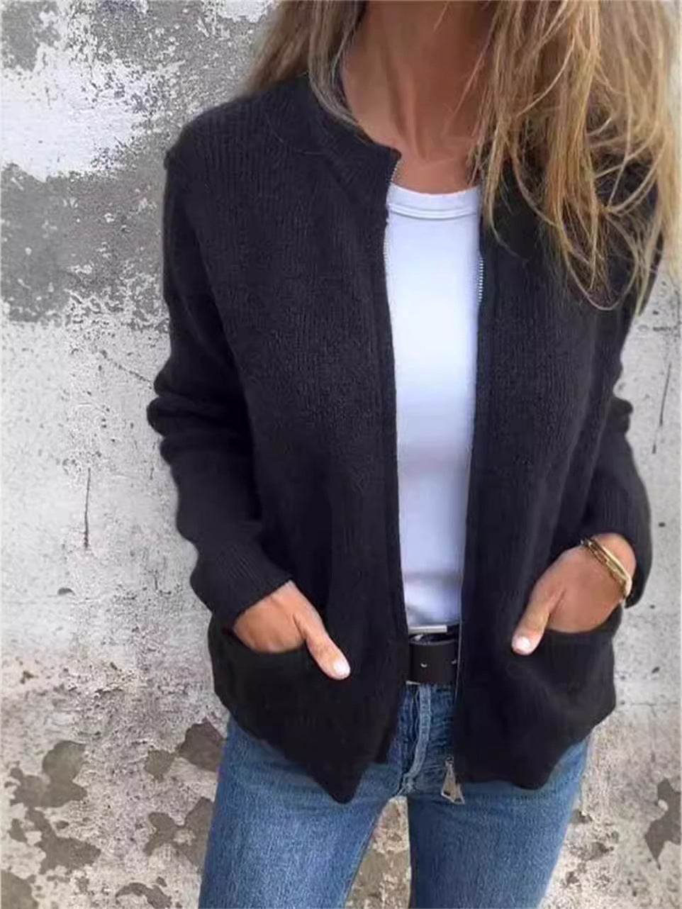 Krohn-e | Reißverschlussjacke - Lockere Passform - Rippstrick - Stehkragen - Lässige Taschen
