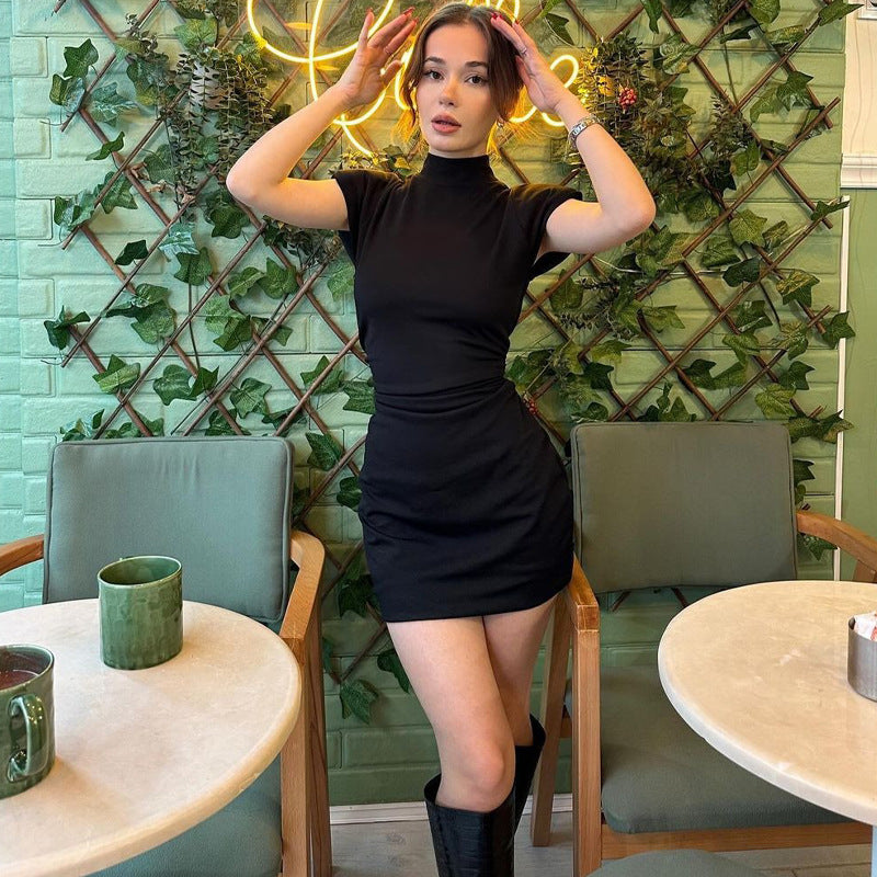 Damen Figurbetontes Kurzarmkleid mit Stehkragen und Raffung Krohn-e