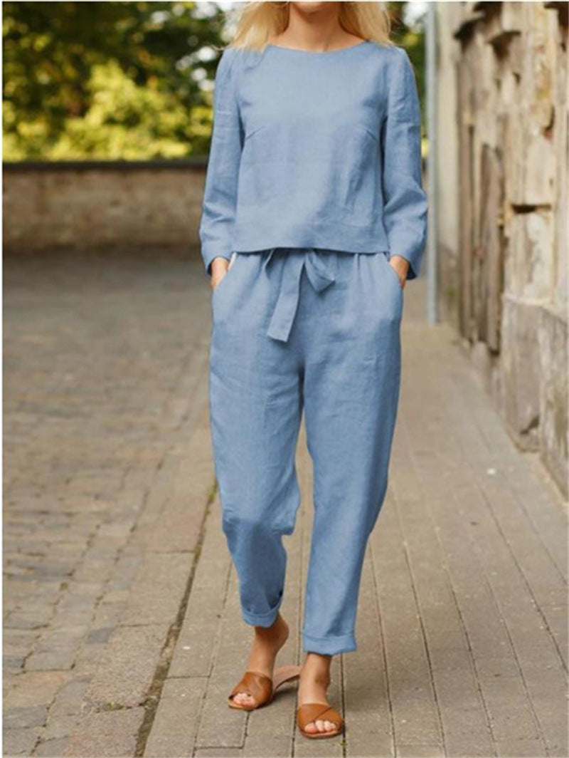 Damen Lässiges Zweiteiliges Leinen-Outfit mit breitem Bund Krohn-e