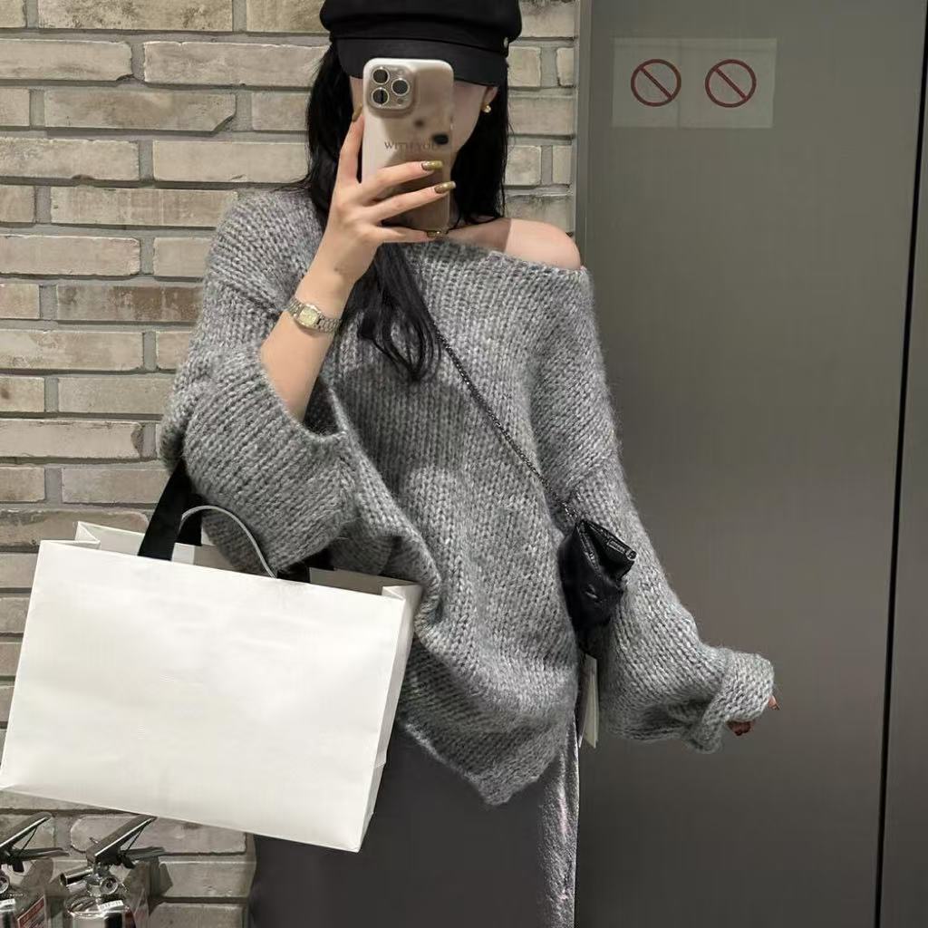 Krohn-e | Übergröße Pullover Grobstrick Off Shoulder Langarm Freizeitfit