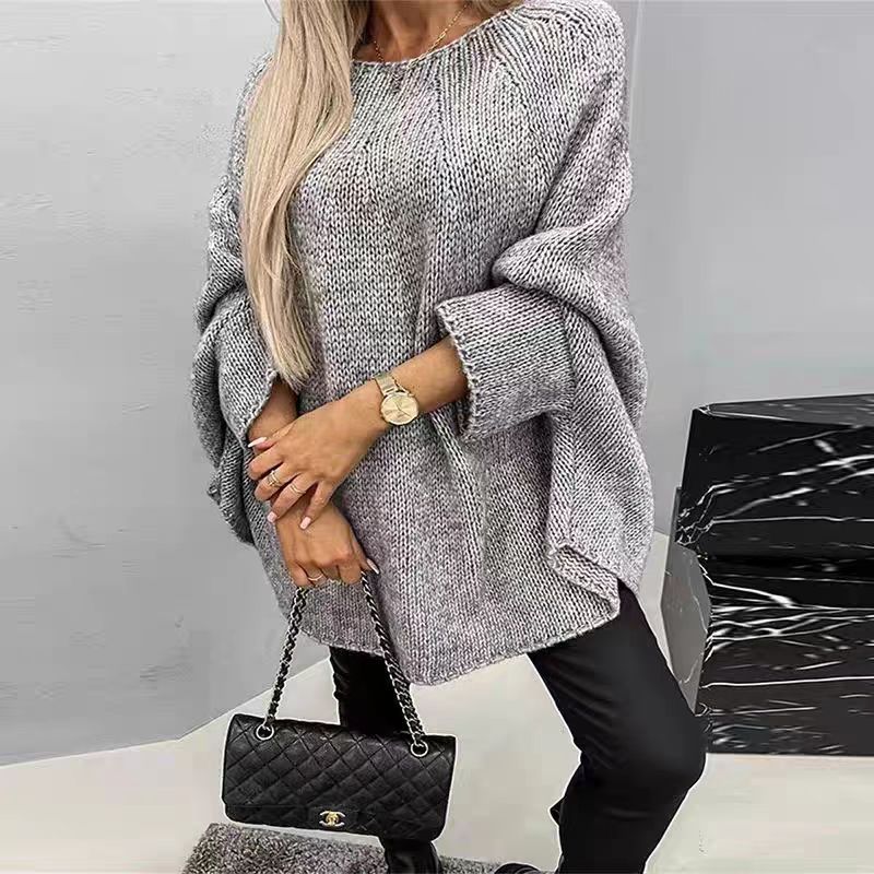 Krohn-e | Strick Cape Pullover Übergröße Passform Grober Wollmix Fledermausärmel