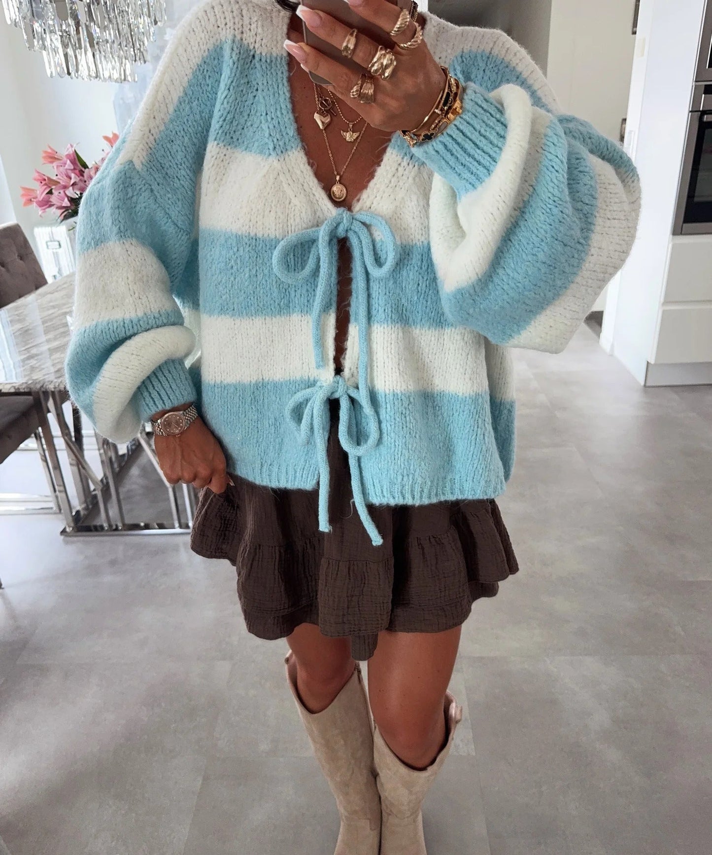 Damen lockere Strickjacke mit breiten Streifen und Bindegürtel Krohn-e