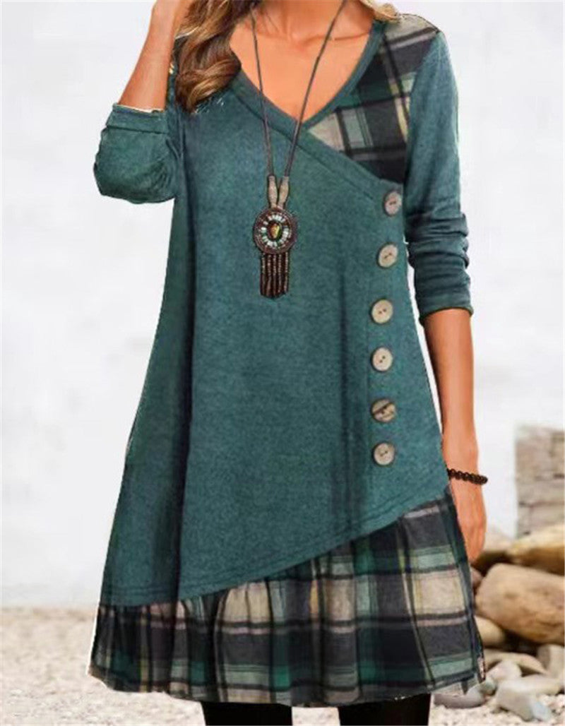 Damen asymmetrisches Freizeitkleid mit kariertem Saum und Knopfdetail Krohn-e