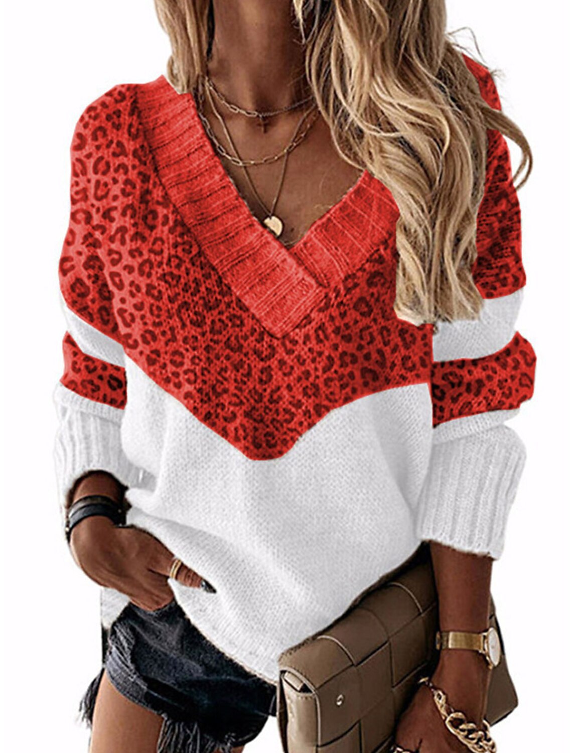 Damen modischer V-Ausschnitt Pullover mit Leopardenmuster Krohn-e
