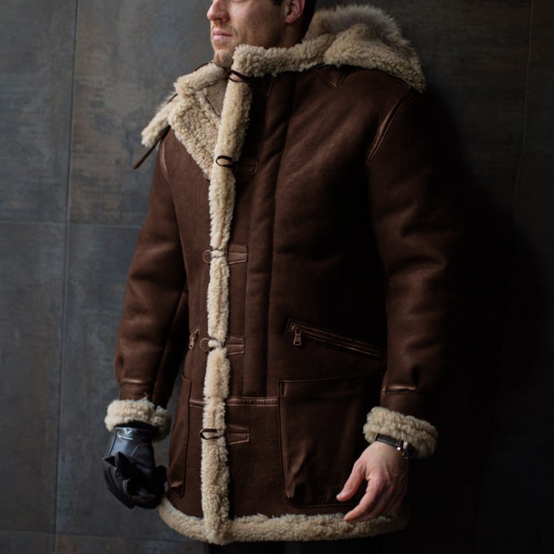 Herren Lammfell-Mantel mit Kapuze und praktischen Taschen Krohn-e