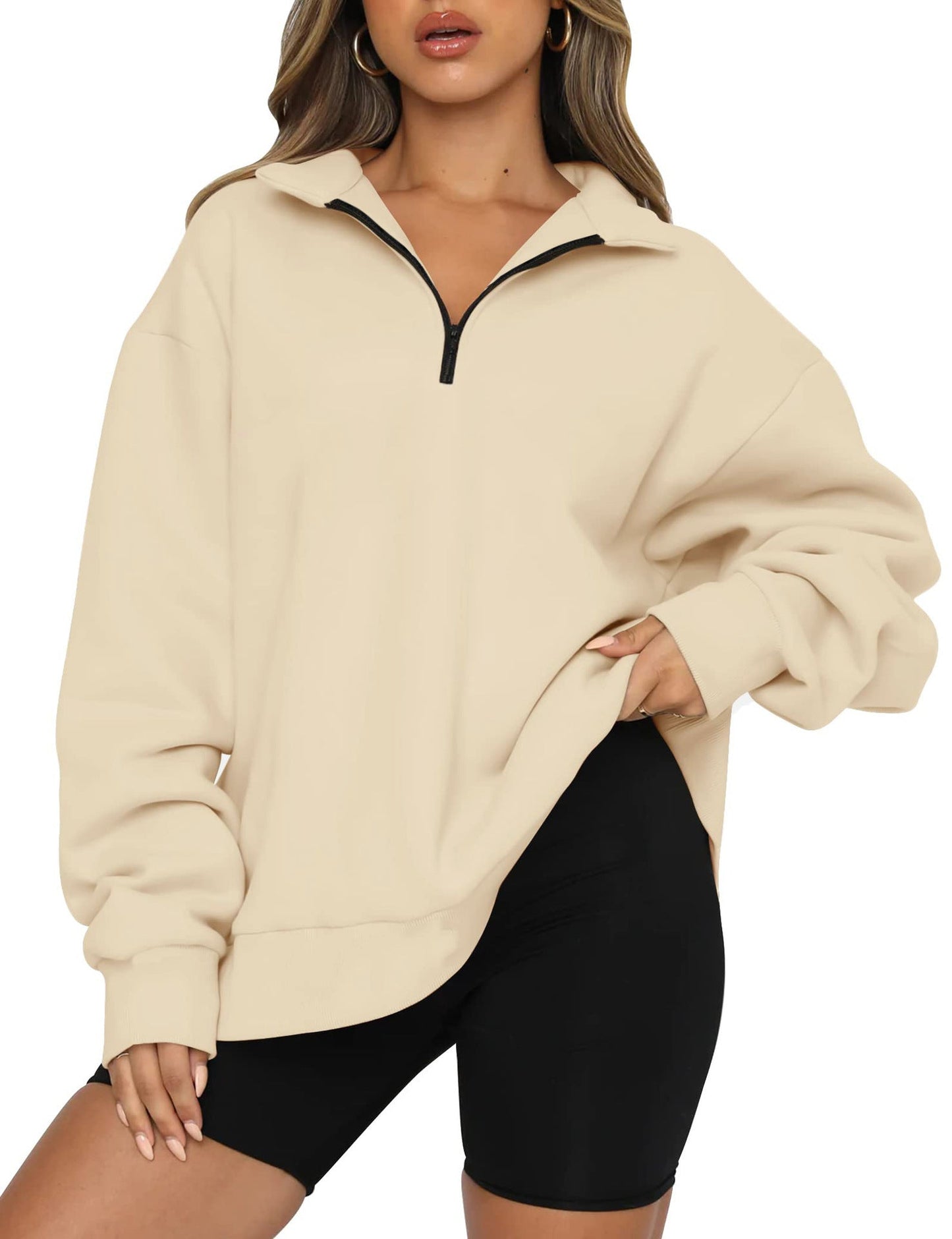 Damen Oversized Sweatshirt mit kurzem Reißverschluss und lässigem Schnitt Krohn-e