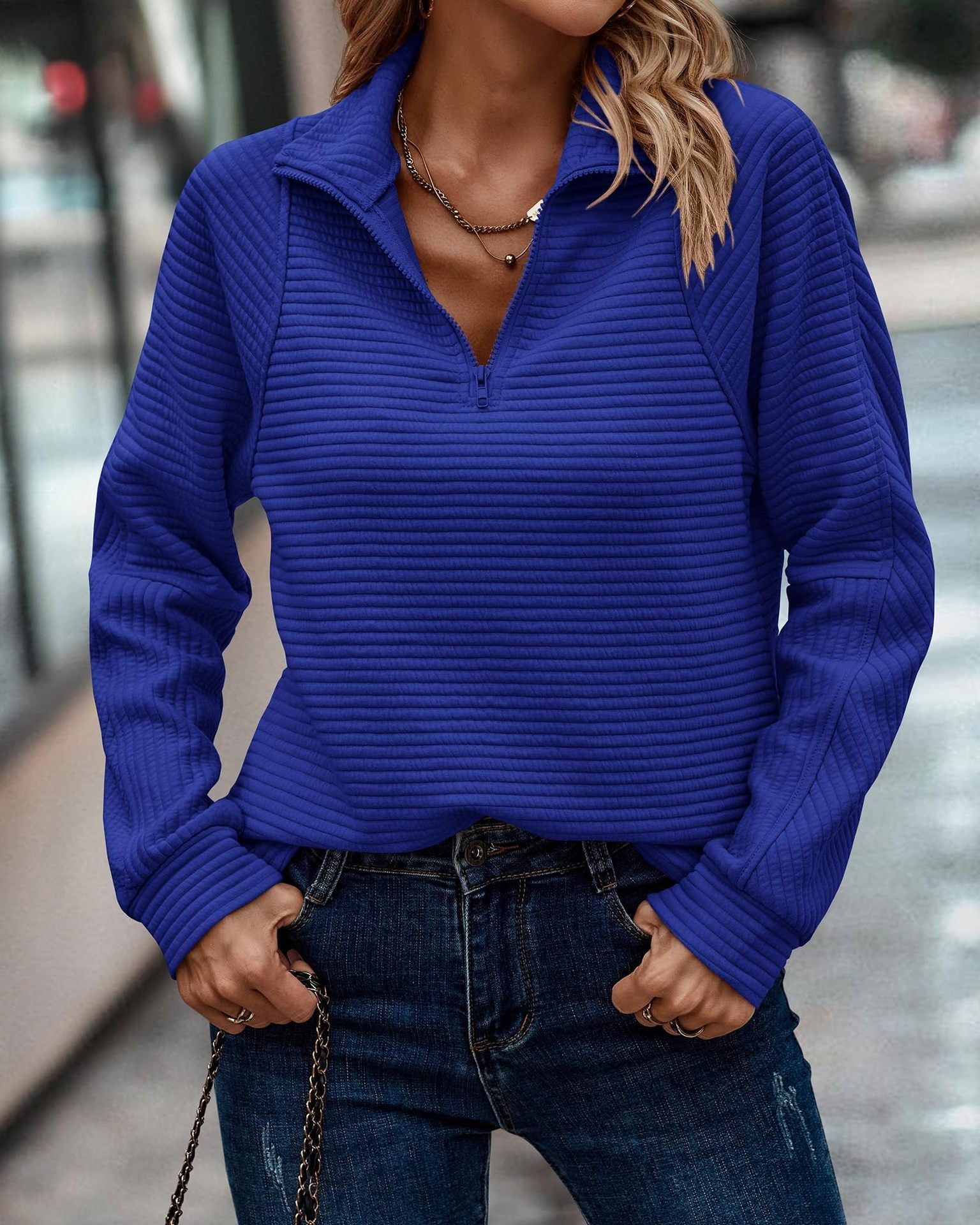 Damen Modischer Waffle-Pullover mit Stehkragen und Reißverschluss Krohn-e