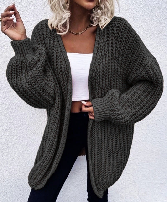 Damen lässiger Grobstrick-Cardigan mit tiefen Taschen und voluminösen Ärmeln Krohn-e