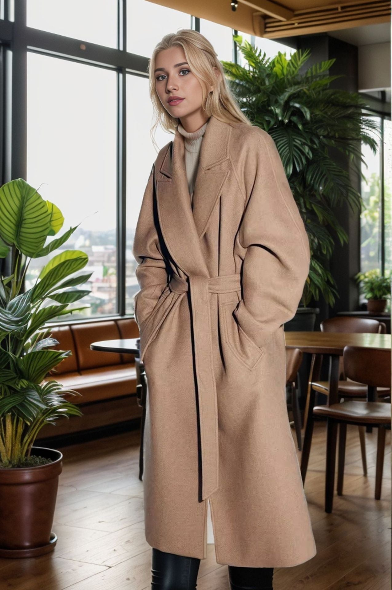 Damen eleganter Wollmantel mit Gürtel und weit geschnittenen Ärmeln Krohn-e