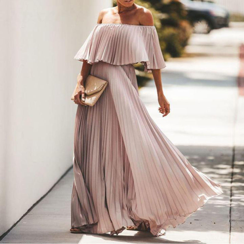 Damen Maxikleid mit asymmetrischem Plisseefall und schulterfreiem Design Krohn-e