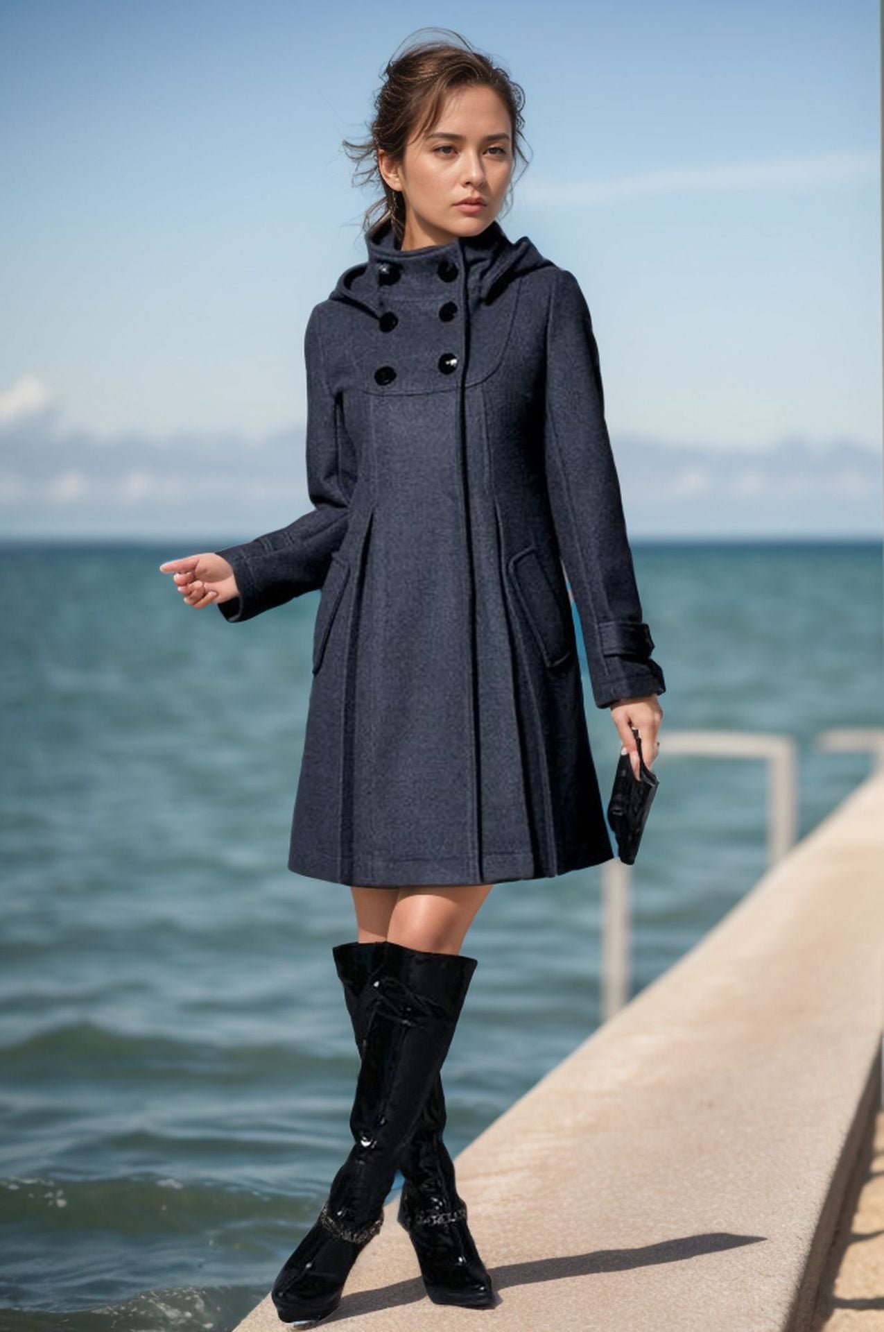 Damen eleganter Mantel mit hohem Kragen und funktionalen Taschen Krohn-e