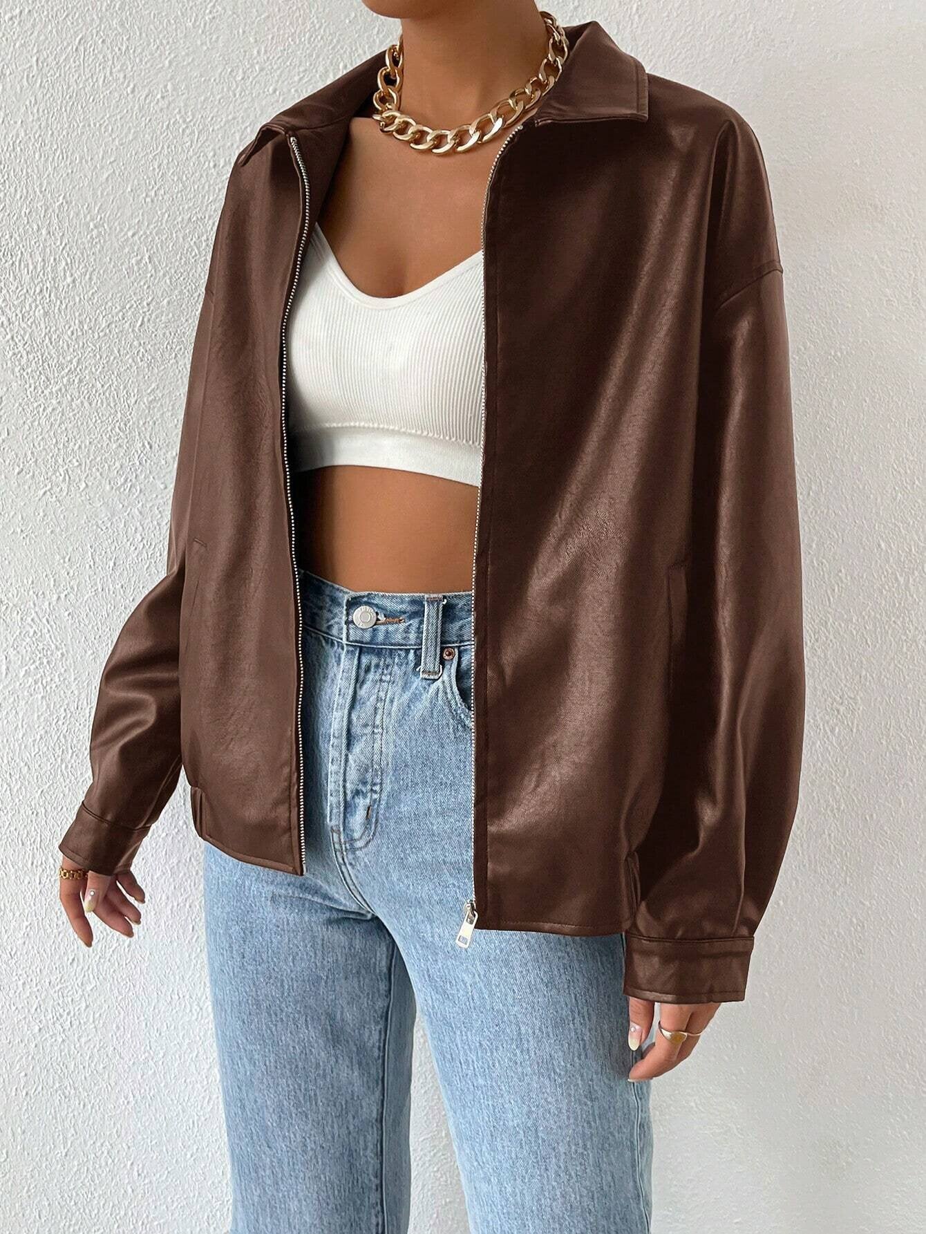 Damen trendige Kunstlederjacke im modernen Schnitt mit lässigem Reißverschluss Krohn-e