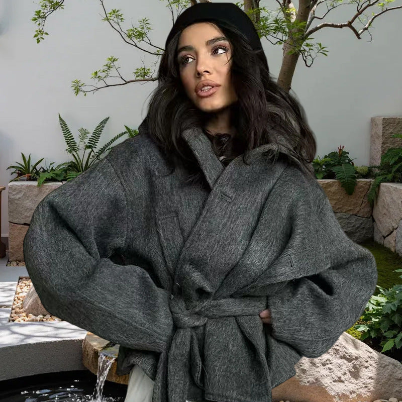Damen Oversized Wollmantel mit Gürtel Krohn-e