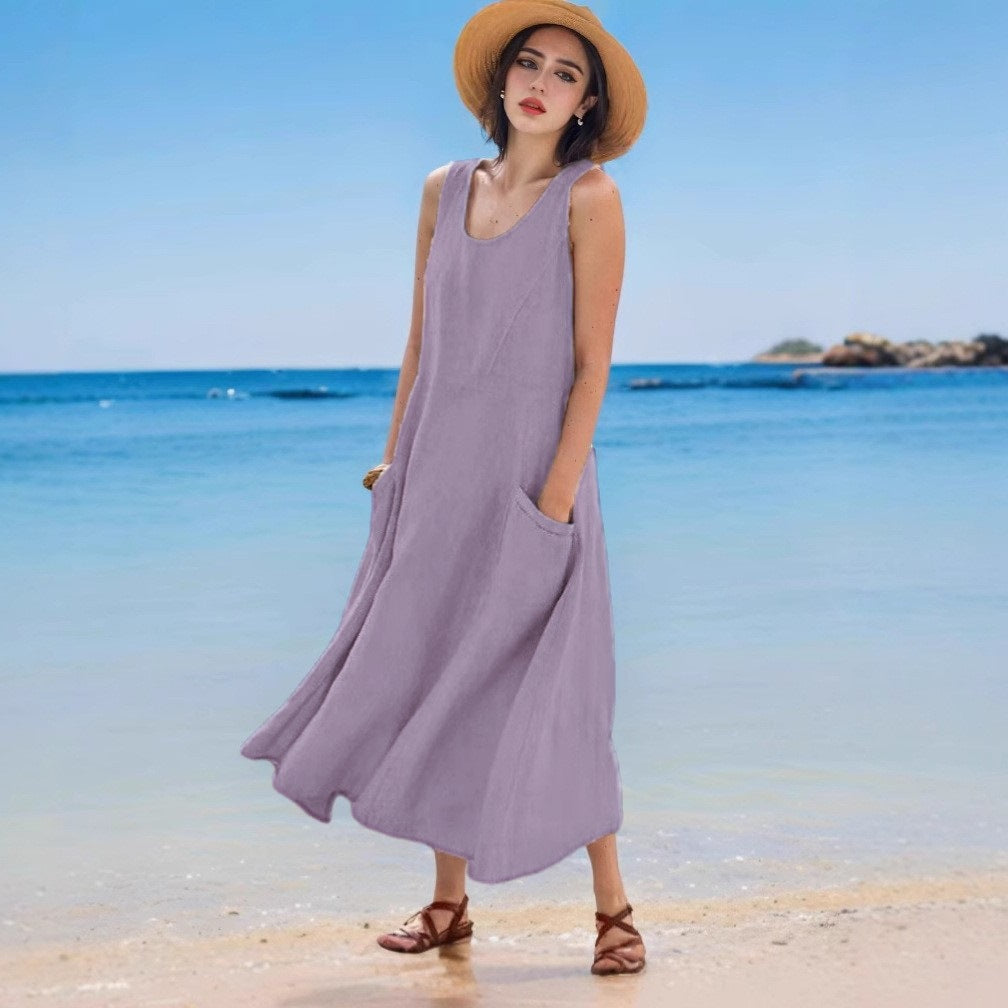 Sommerkleid aus Leinen, ärmellos, Rundhals, mit Tasche von Fudus