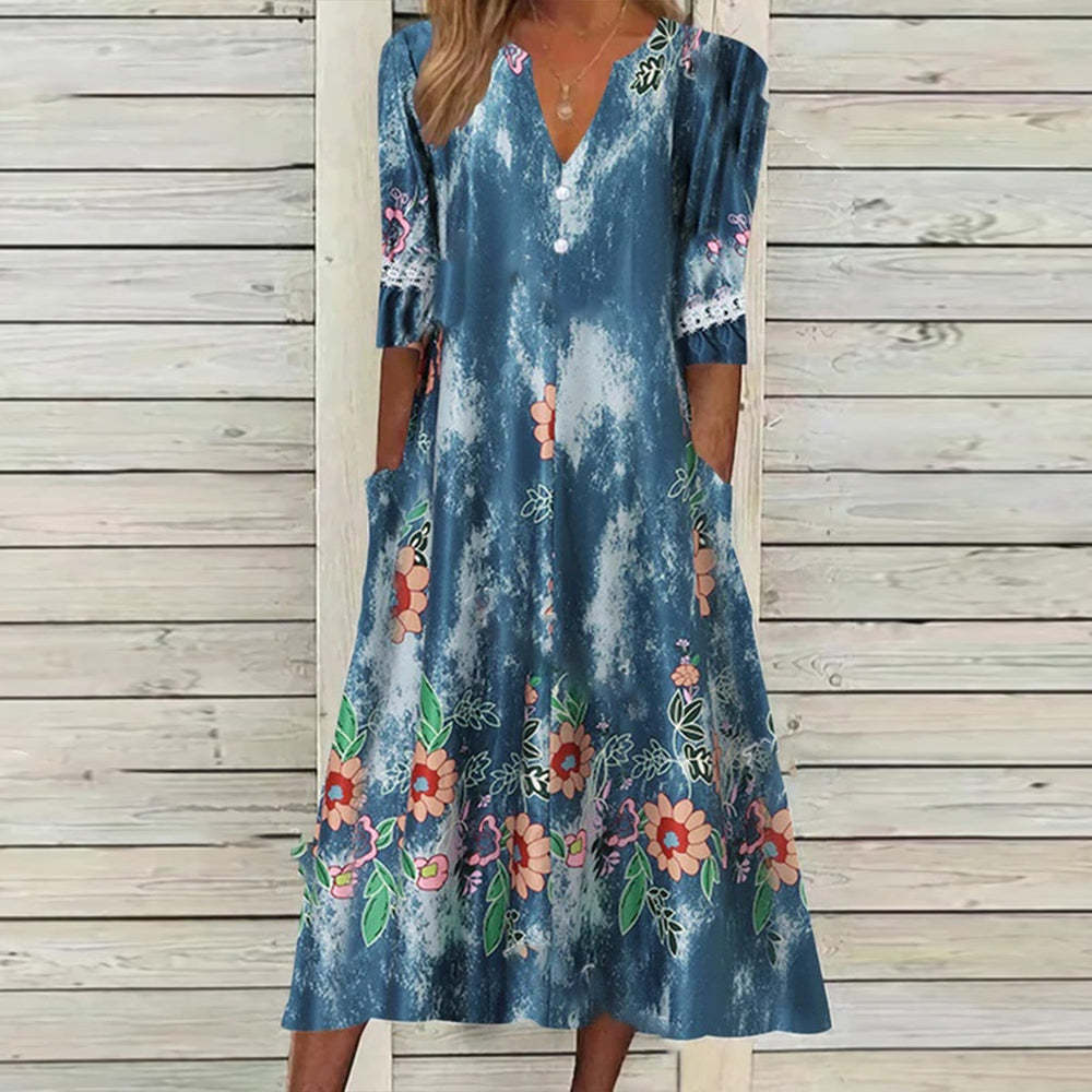 Fudus | Elegantes bedrucktes Kurzarm-Knopfknoppenkleid