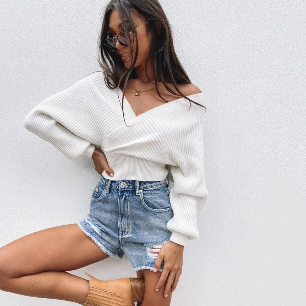 Damen lässiger V-Ausschnitt Pulli mit breiten Ärmeln und Rippstruktur Krohn-e