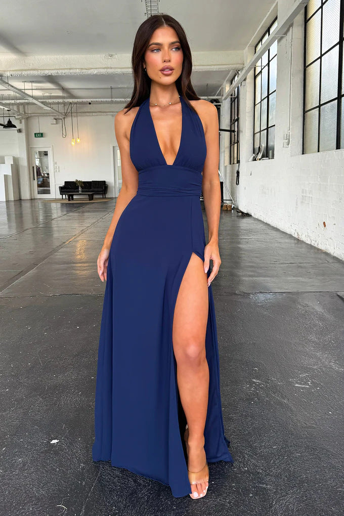 Damen Maxikleid mit tiefem V-Ausschnitt und elegantem Schlitz Krohn-e
