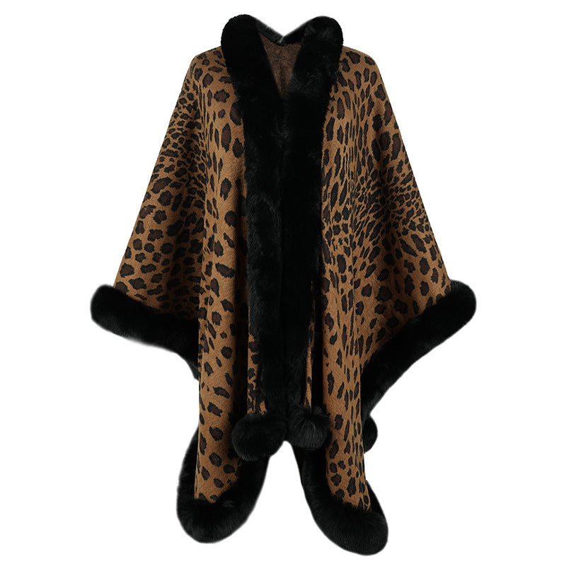 Damen kuscheliger Poncho mit luxuriösem Kunstfellbesatz und Leopardenmuster Krohn-e