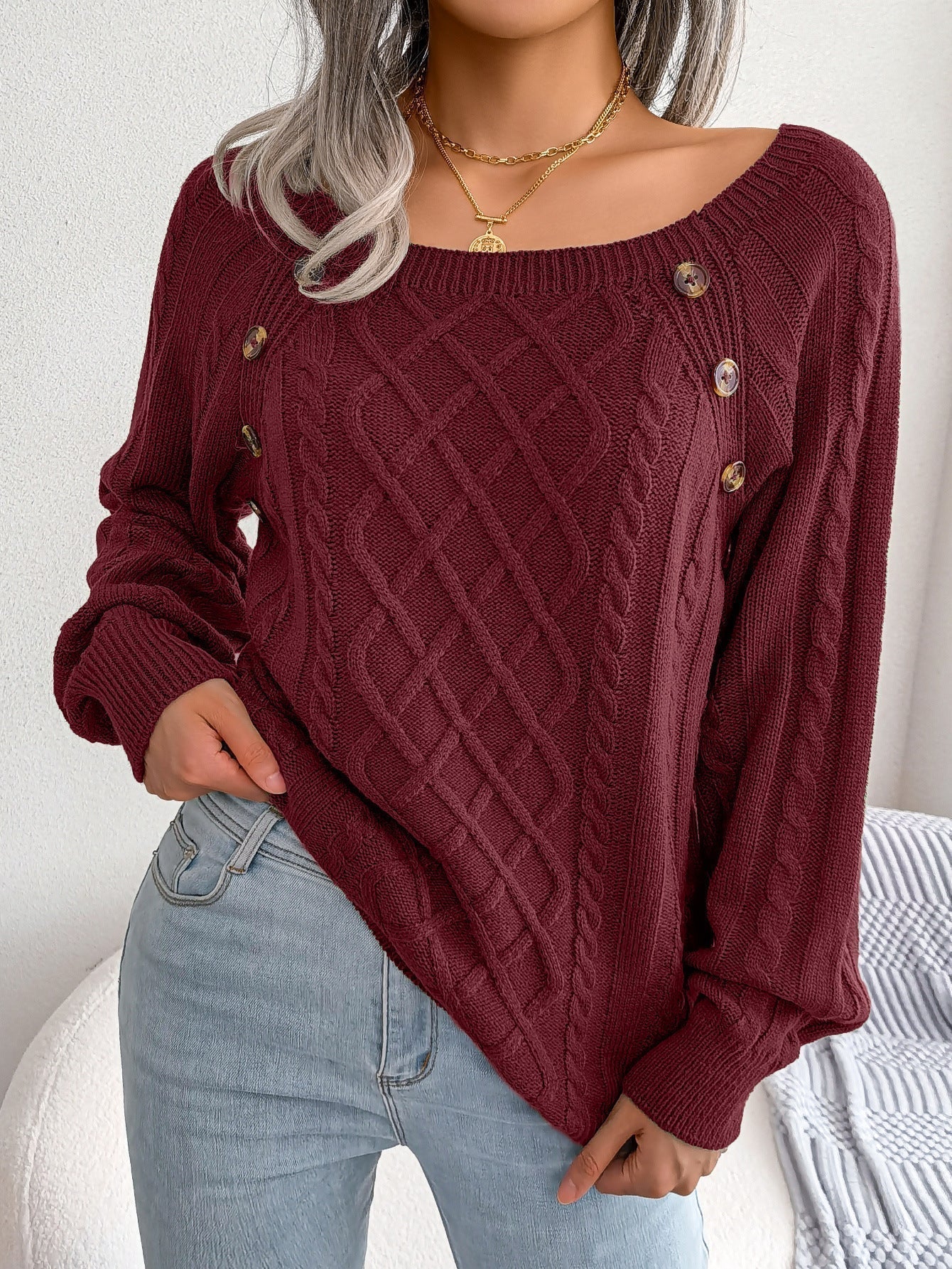 Damen-Pullover mit Rautenmuster und quadratischem Ausschnitt