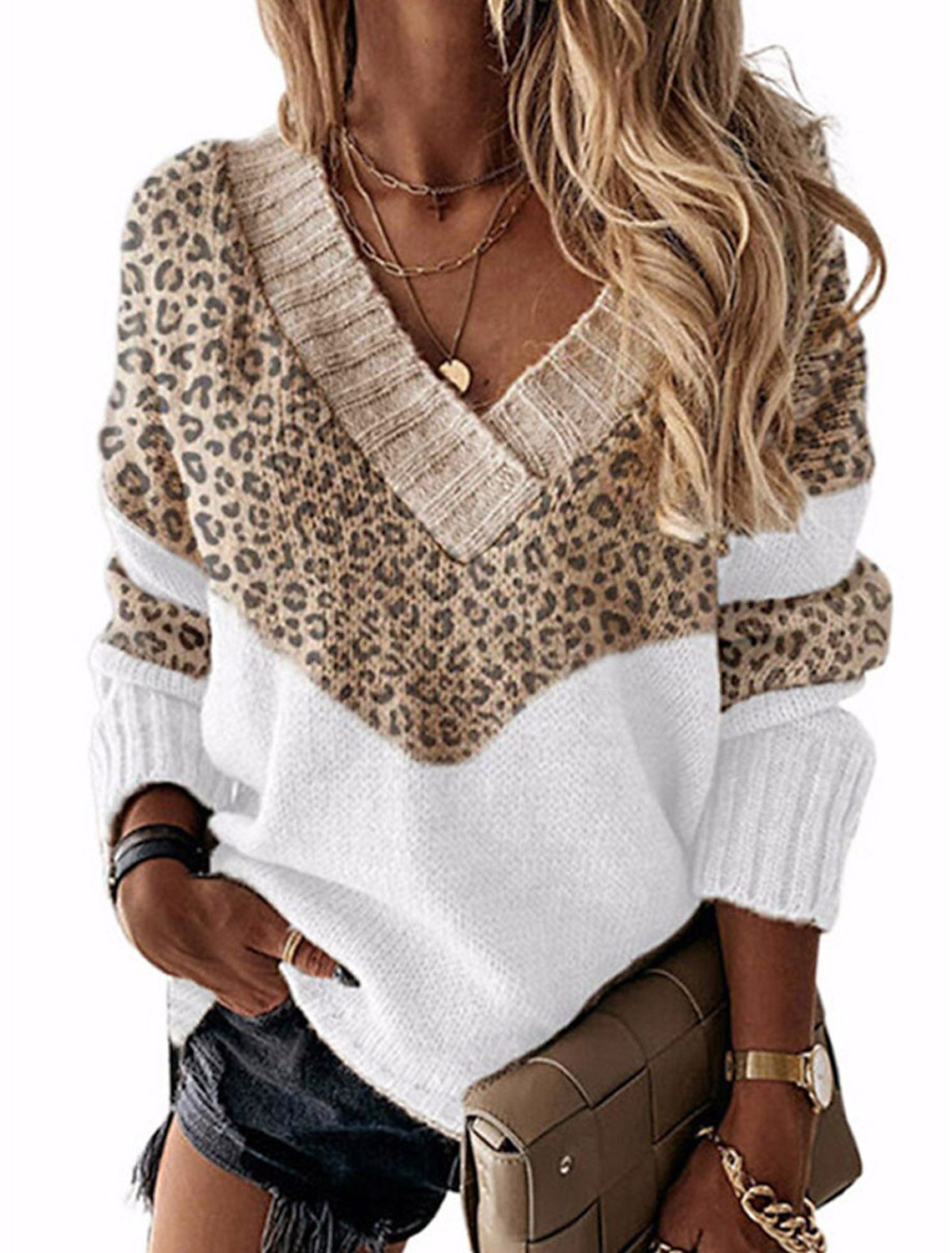 Damen modischer V-Ausschnitt Pullover mit Leopardenmuster Krohn-e