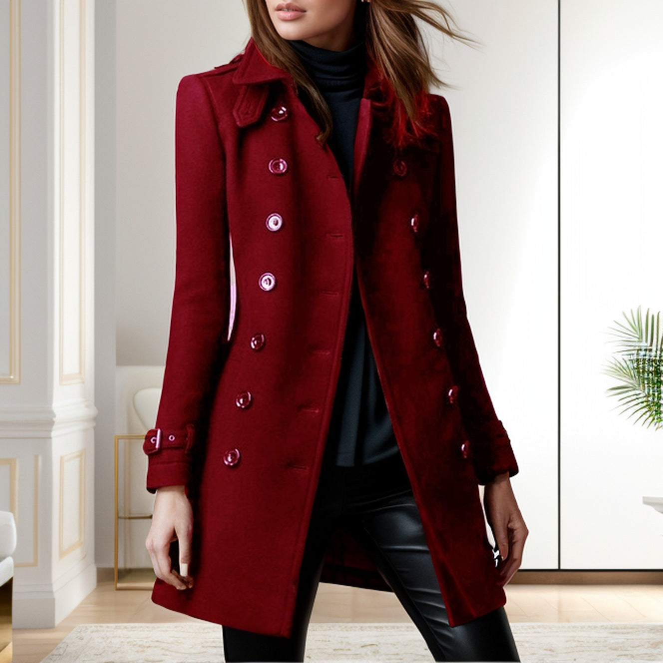 Damen eleganter Trenchcoat mit doppelter Knopfreihe und gewichtetem Kragen Krohn-e