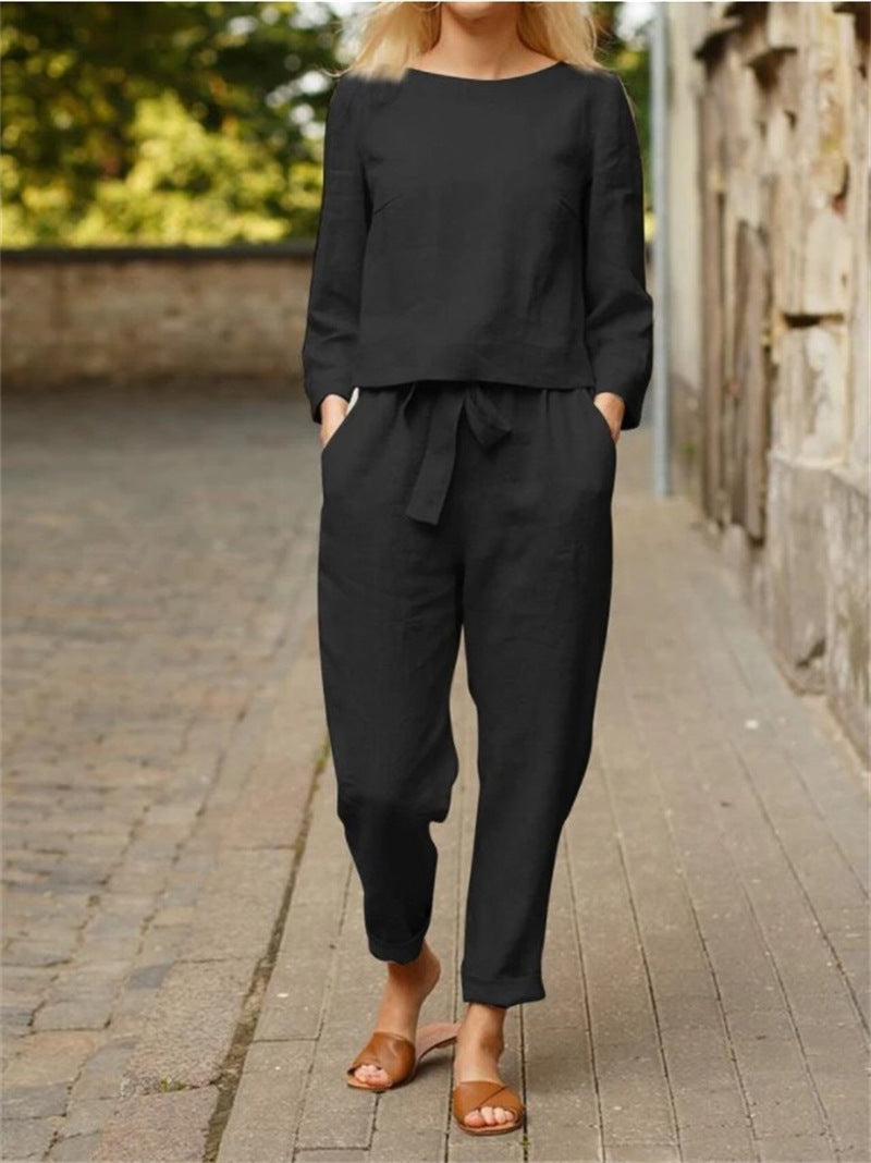 Damen Lässiges Zweiteiliges Leinen-Outfit mit breitem Bund Krohn-e